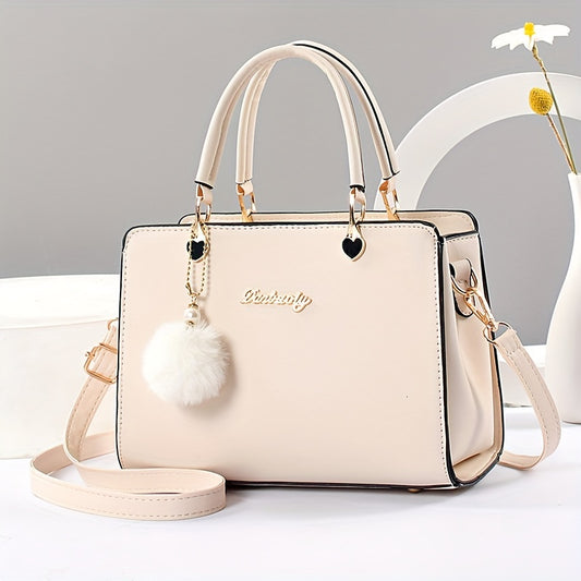 today's deals，No middlemen to make the difference!Fashion Solid Color Handbag, Women's Top Handle Square Purse, Elegant Crossbody Bag With Pompom Ball Pendant