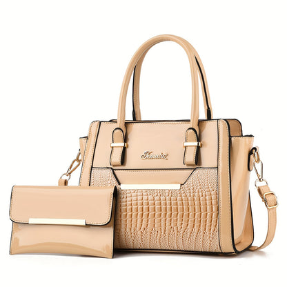 today's deals，No middlemen to make the difference!Classic Solid Color Crocodile Pattern Tote Bag With Clutch Purse, Textured Bags For Women