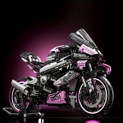 1985pcs Motorcycle Building Block Toy Set, Super Racing Car Design Toy Set, Cool Pink Appearance Puzzle Toy, Holiday Birthday New Year Gift,