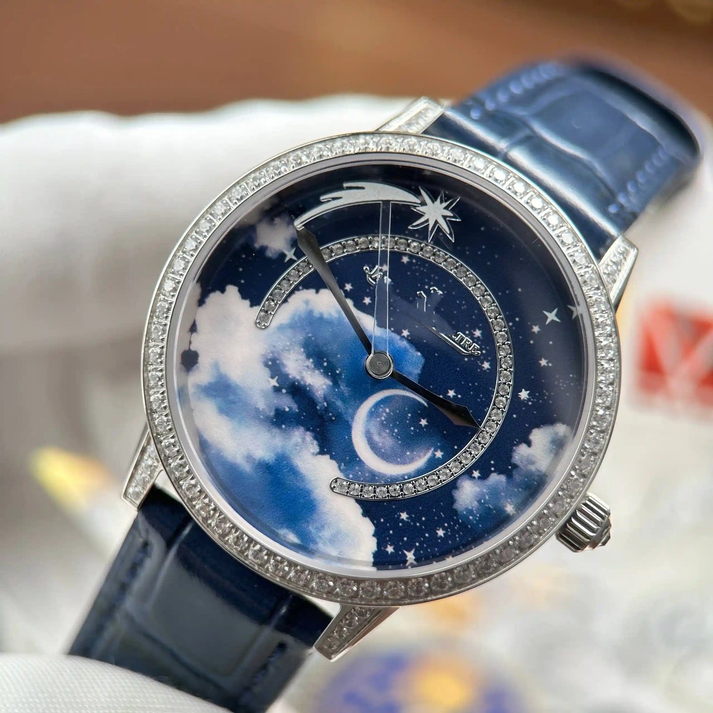 Starry Sky Moon Phase Automatic Watch with Diamond Bezel