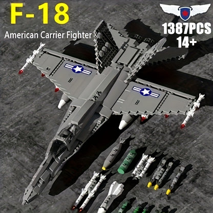 1387pcs Simulative Military F-18 Hornet Raptor Fighter Aircraft Building Blocks with Missile Model - Perfect Assembly Gift