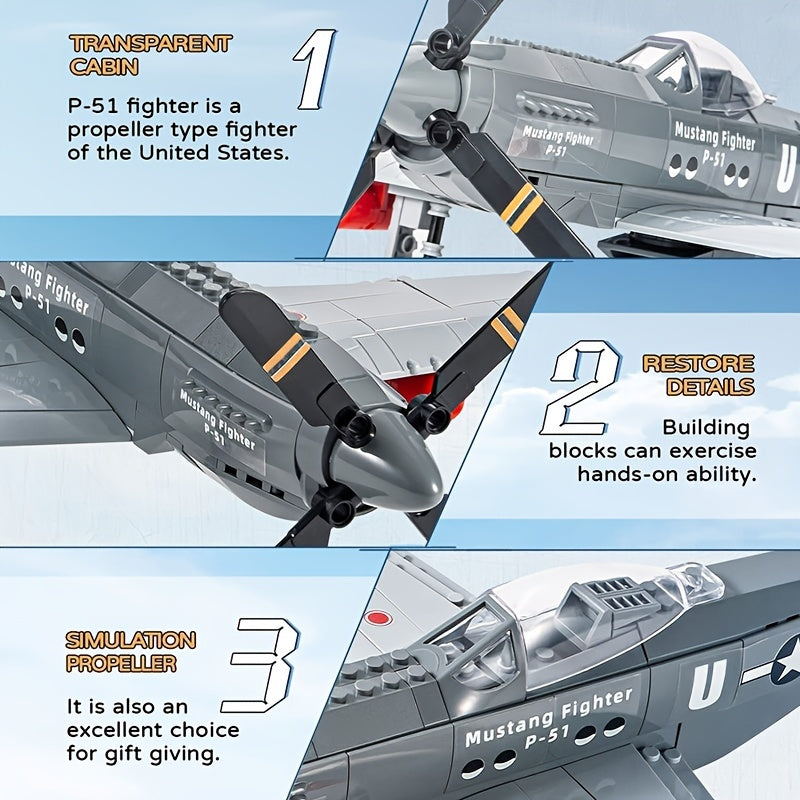 285pcs Military P-51 Mustang Fighter Building Blocks, Army Educational Bricks For Children, Birthday Toys, Christmas Gifts