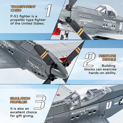 285pcs Military P-51 Mustang Fighter Building Blocks, Army Educational Bricks For Children, Birthday Toys, Christmas Gifts