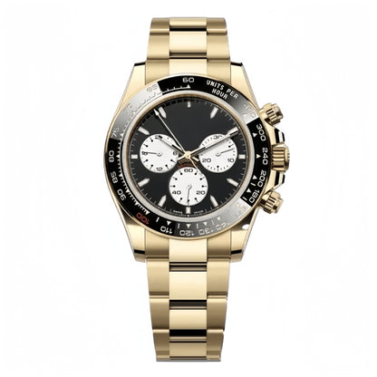 Full Gold Three-eye Chronograph Watch, Ceramic Bezel Multifunction Steel Band Men's Mechanical Wristwatch