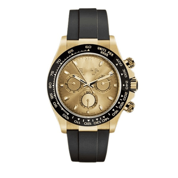 Sport Chronograph Full-Gold Watch, Ceramic Bezel Champagne Dial Rubber Strap Men's Wristwatch, Luxury Waterproof Chronograph