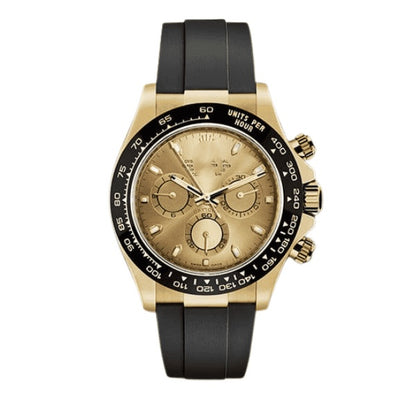 Sport Chronograph Full-Gold Watch, Ceramic Bezel Champagne Dial Rubber Strap Men's Wristwatch, Luxury Waterproof Chronograph