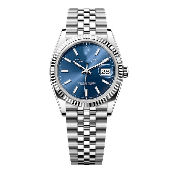Classic Steel Datejust Style Watch, Blue Dial Baton-Index Men's Steel Band Wristwatch, Luxury Waterproof Dress Watch