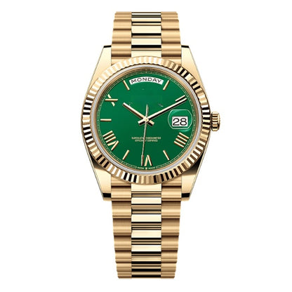 Classic Full-Gold Day-Date Style Watch, Men's President Bracelet Wristwatch, Luxury Waterproof Dress Watch