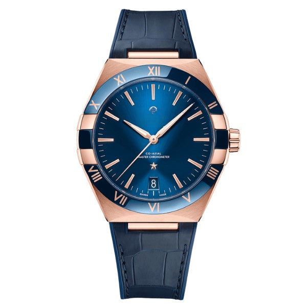 【#A256】Men's Automatic Mechanical Watch with Rose Gold Case, Deep Blue Dial & Leather Strap