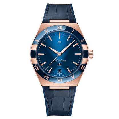 【#A256】Men's Automatic Mechanical Watch with Rose Gold Case, Deep Blue Dial & Leather Strap