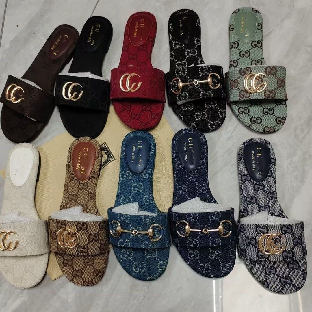 【#A496】Vintage Monogram Flat Slide Sandals For Women, Metal Buckle Outdoor Casual Slippers