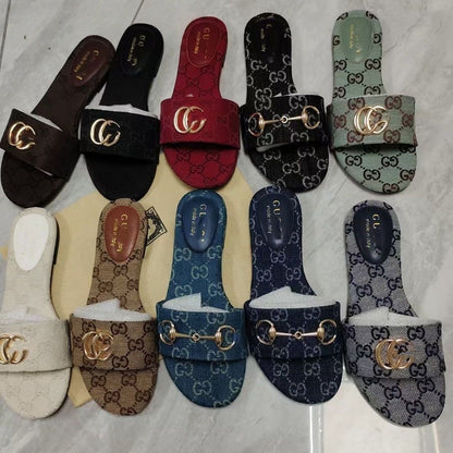 【#A496】Vintage Monogram Flat Slide Sandals For Women, Metal Buckle Outdoor Casual Slippers