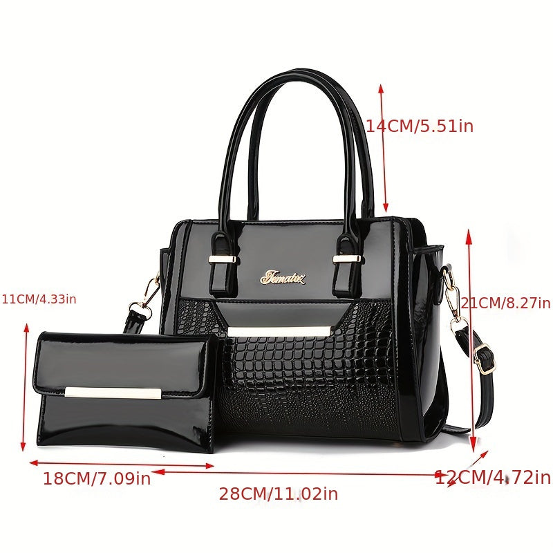 today's deals，No middlemen to make the difference!Classic Solid Color Crocodile Pattern Tote Bag With Clutch Purse, Textured Bags For Women