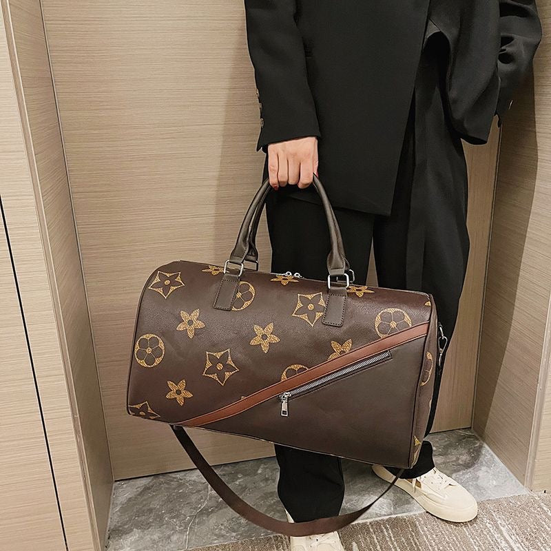 【#A420】Vintage Floral Checkerboard Spliced Large Travel Duffle Bag, Waterproof Gym Handbag