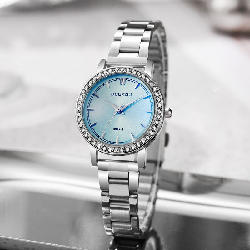 Women's Luxury Crystal Bezel Stainless Steel Watch, Gradient Dial Minimalist Elegant Quartz Wristwatch, Versatile Timepiece for Work & Daily