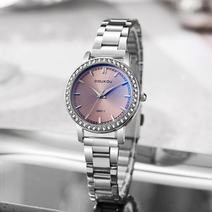 Women's Luxury Crystal Bezel Stainless Steel Watch, Gradient Dial Minimalist Elegant Quartz Wristwatch, Versatile Timepiece for Work & Daily