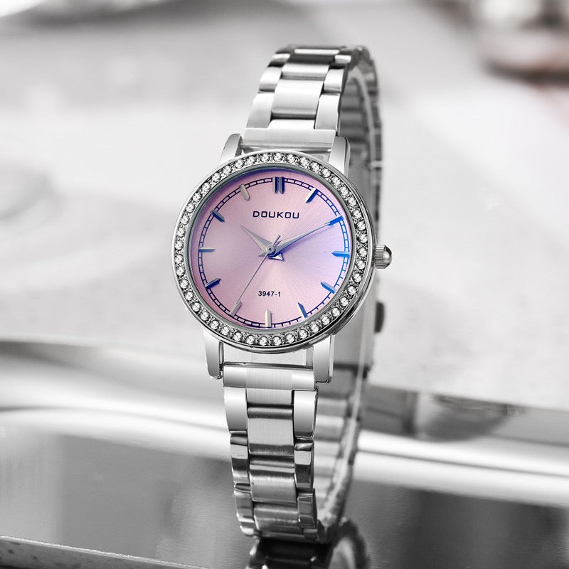Women's Luxury Crystal Bezel Stainless Steel Watch, Gradient Dial Minimalist Elegant Quartz Wristwatch, Versatile Timepiece for Work & Daily