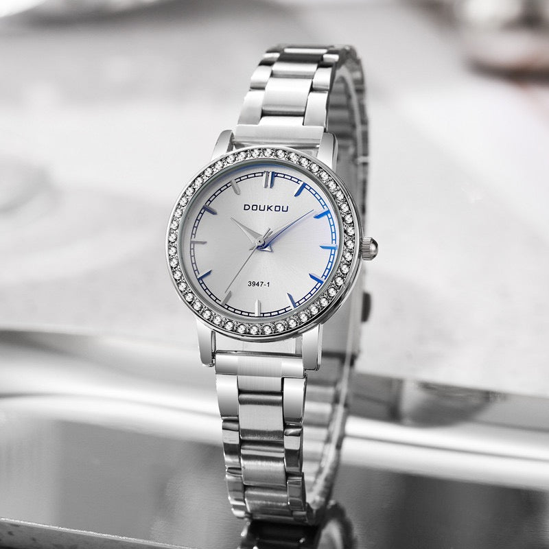Women's Luxury Crystal Bezel Stainless Steel Watch, Gradient Dial Minimalist Elegant Quartz Wristwatch, Versatile Timepiece for Work & Daily