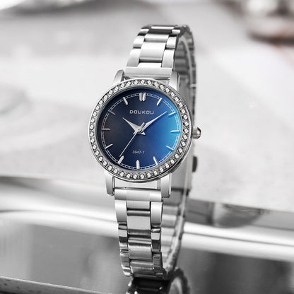 Women's Luxury Crystal Bezel Stainless Steel Watch, Gradient Dial Minimalist Elegant Quartz Wristwatch, Versatile Timepiece for Work & Daily