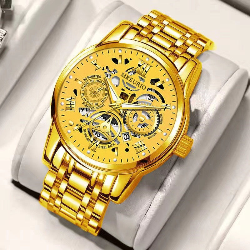 Men's Business Skeleton Steel Watch, Multi-Function Chronograph Mechanical Style Quartz Wristwatch