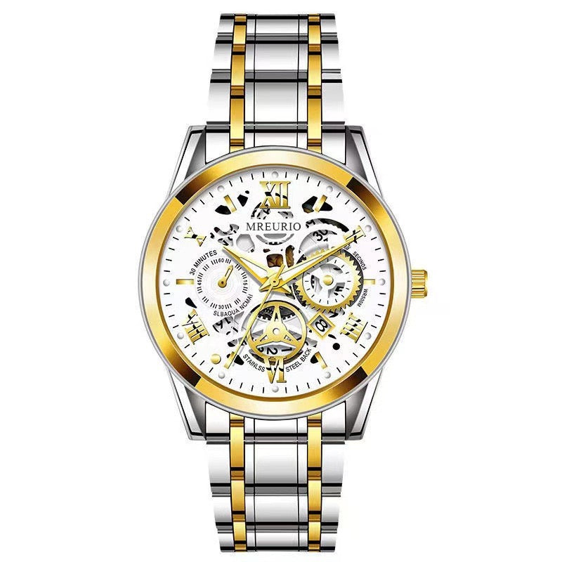 Men's Business Skeleton Steel Watch, Multi-Function Chronograph Mechanical Style Quartz Wristwatch