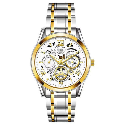 Men's Business Skeleton Steel Watch, Multi-Function Chronograph Mechanical Style Quartz Wristwatch