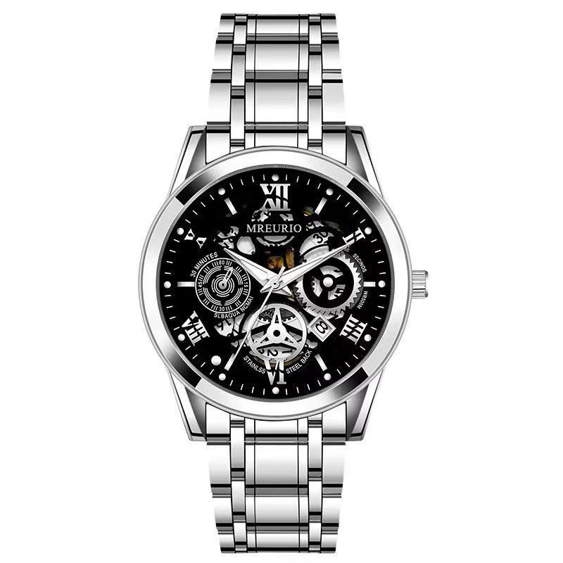 Men's Business Skeleton Steel Watch, Multi-Function Chronograph Mechanical Style Quartz Wristwatch