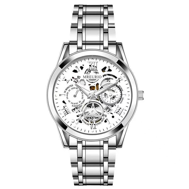 Men's Business Skeleton Steel Watch, Multi-Function Chronograph Mechanical Style Quartz Wristwatch