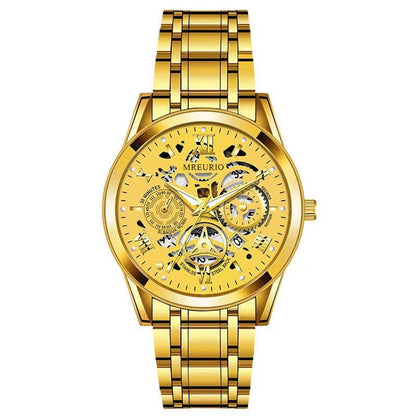 Men's Business Skeleton Steel Watch, Multi-Function Chronograph Mechanical Style Quartz Wristwatch