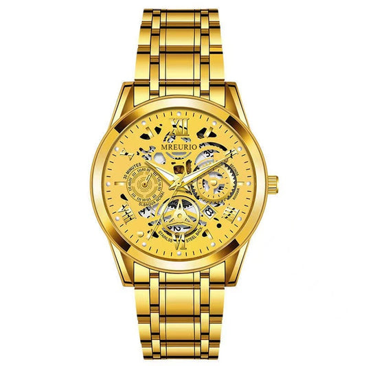 【#A4】Men's Business Skeleton Steel Watch, Multi-Function Chronograph Mechanical Style Quartz Wristwatch
