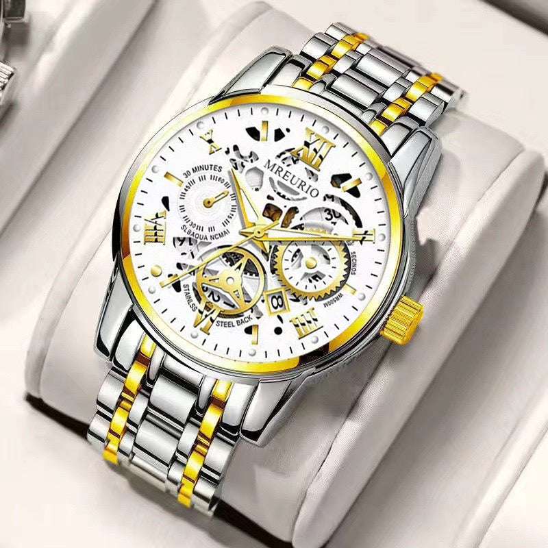 Men's Business Skeleton Steel Watch, Multi-Function Chronograph Mechanical Style Quartz Wristwatch