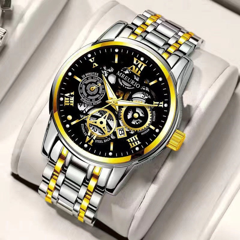 Men's Business Skeleton Steel Watch, Multi-Function Chronograph Mechanical Style Quartz Wristwatch