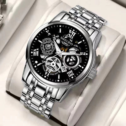 Men's Business Skeleton Steel Watch, Multi-Function Chronograph Mechanical Style Quartz Wristwatch