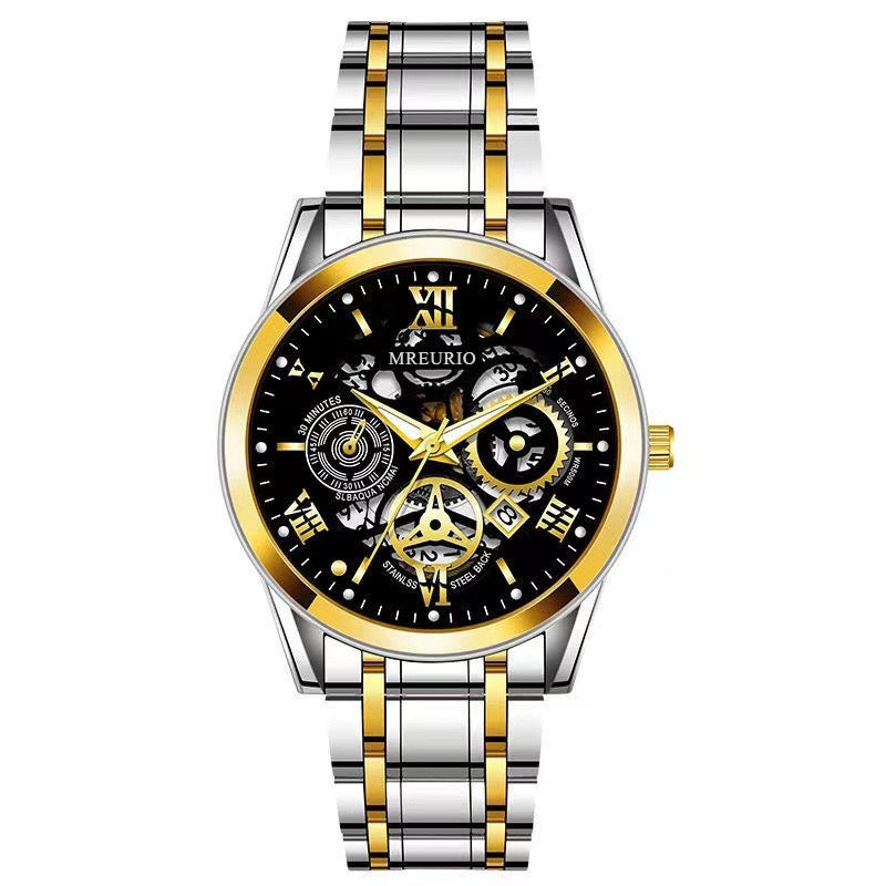 Men's Business Skeleton Steel Watch, Multi-Function Chronograph Mechanical Style Quartz Wristwatch