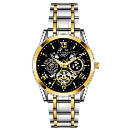Men's Business Skeleton Steel Watch, Multi-Function Chronograph Mechanical Style Quartz Wristwatch