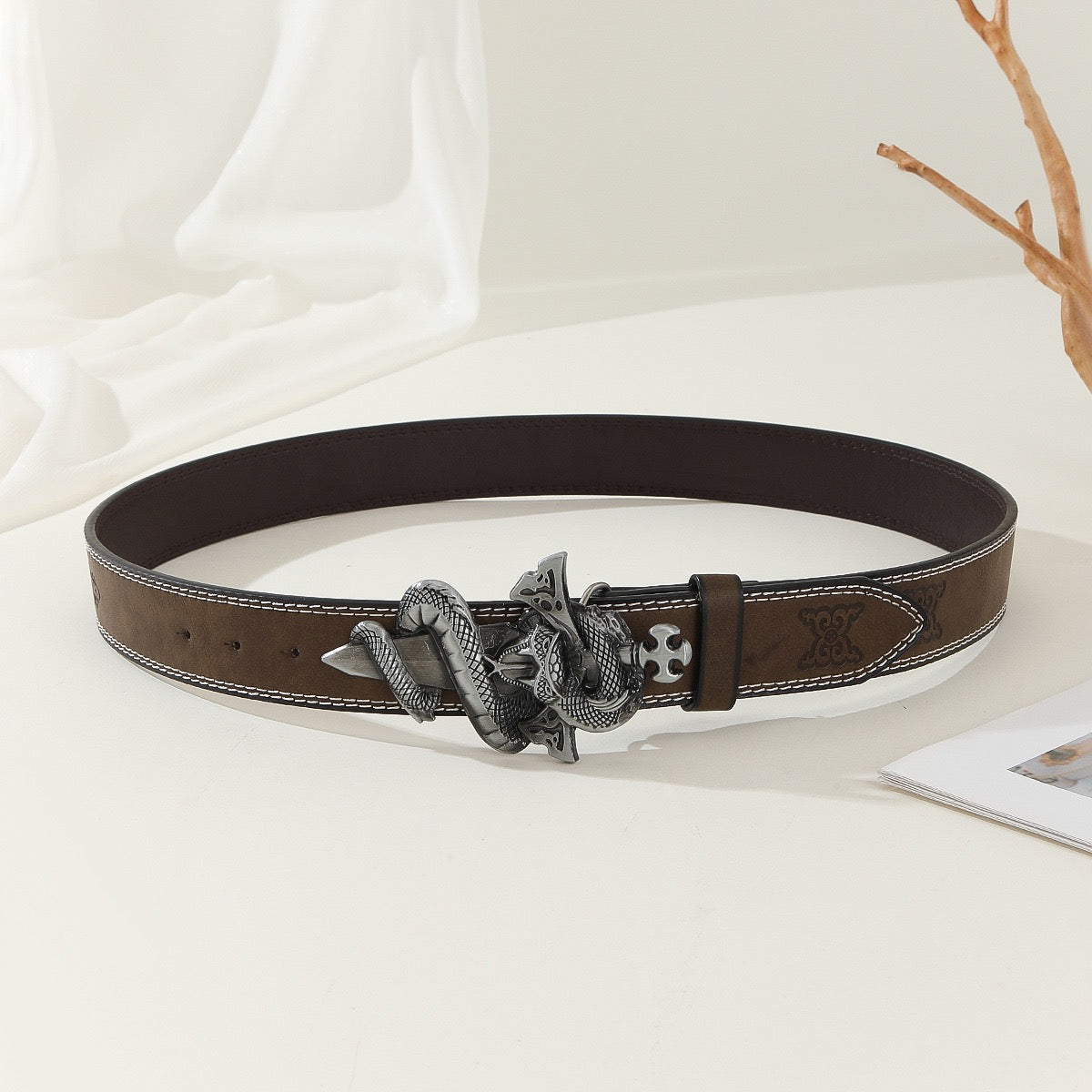 Vintage Snake Buckle Men's Belt, Western Style Embossed Leather Belt, Retro Cowboy Versatile Waist Strap