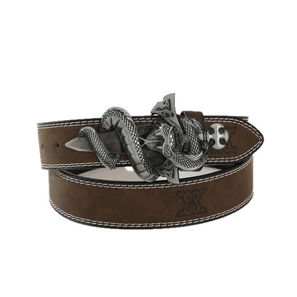 Vintage Snake Buckle Men's Belt, Western Style Embossed Leather Belt, Retro Cowboy Versatile Waist Strap