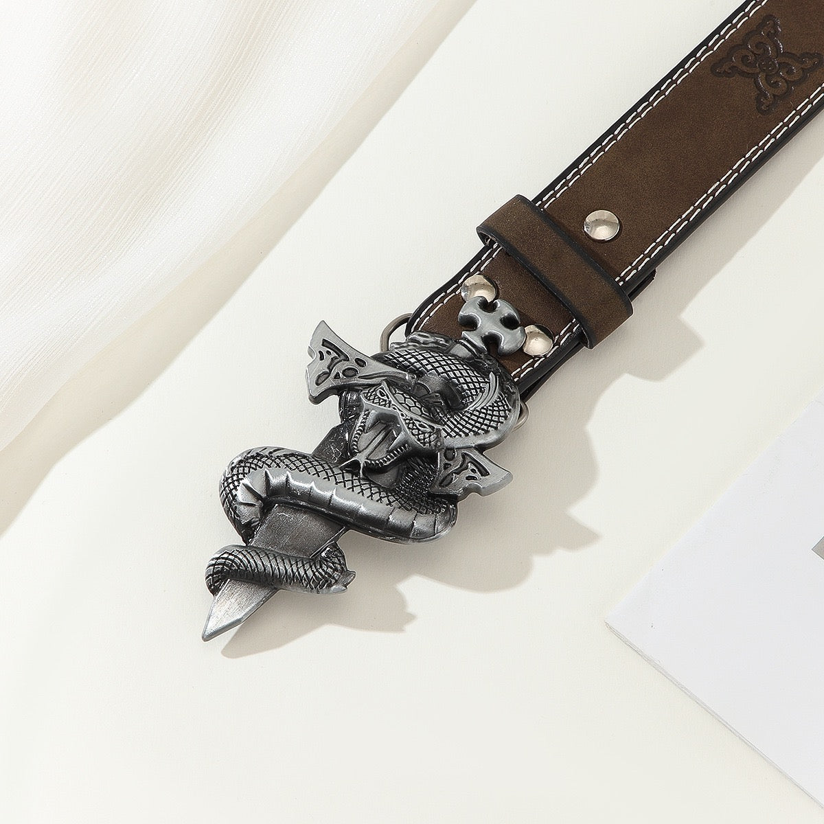 Vintage Snake Buckle Men's Belt, Western Style Embossed Leather Belt, Retro Cowboy Versatile Waist Strap