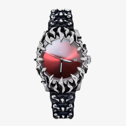 【#A8】Dark Flame Engraved Men's Watch, Vintage Distressed Metal Strap Quartz Wristwatch, Punk Style Versatile Timepiece