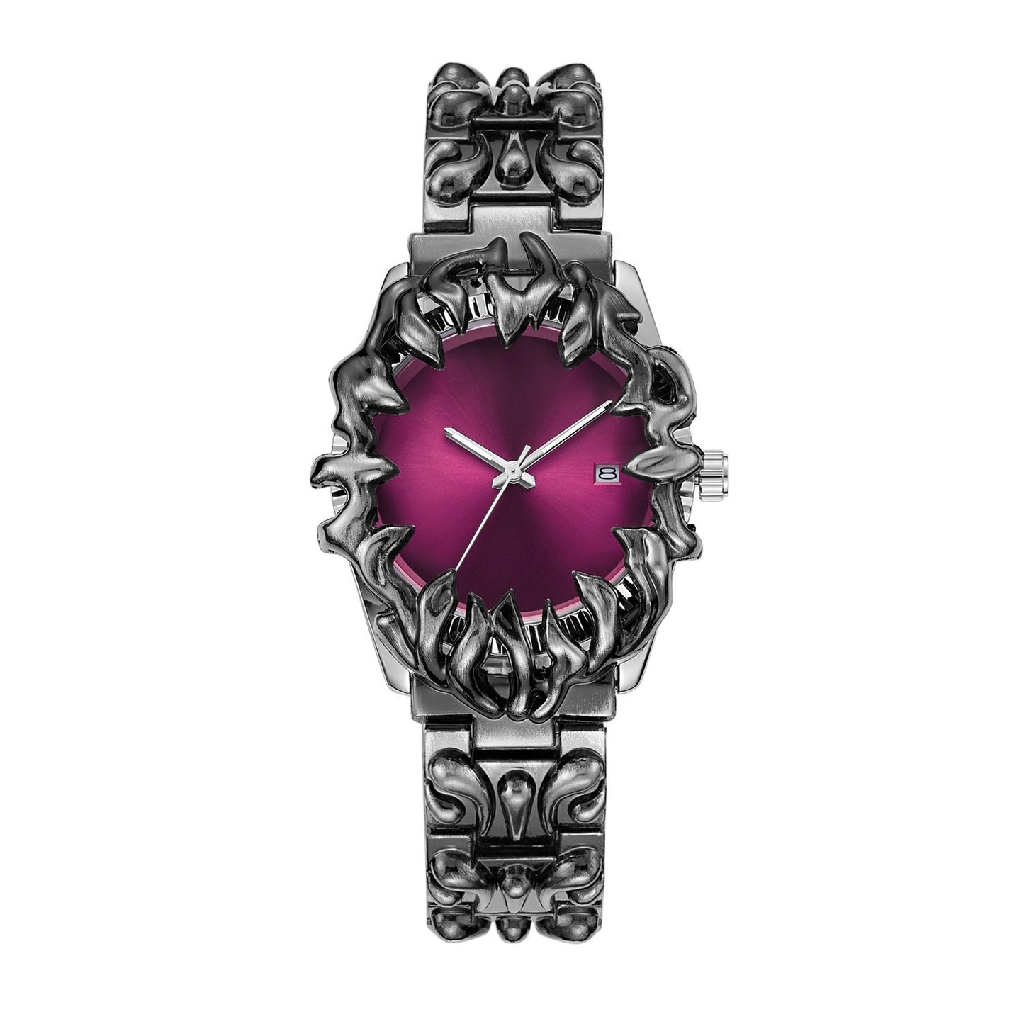 【#A8】Dark Flame Engraved Men's Watch, Vintage Distressed Metal Strap Quartz Wristwatch, Punk Style Versatile Timepiece
