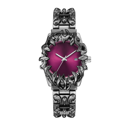 【#A8】Dark Flame Engraved Men's Watch, Vintage Distressed Metal Strap Quartz Wristwatch, Punk Style Versatile Timepiece