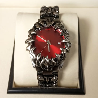 【#A8】Dark Flame Engraved Men's Watch, Vintage Distressed Metal Strap Quartz Wristwatch, Punk Style Versatile Timepiece