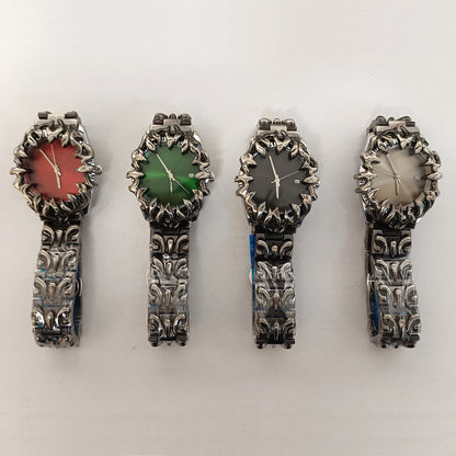 【#A8】Dark Flame Engraved Men's Watch, Vintage Distressed Metal Strap Quartz Wristwatch, Punk Style Versatile Timepiece