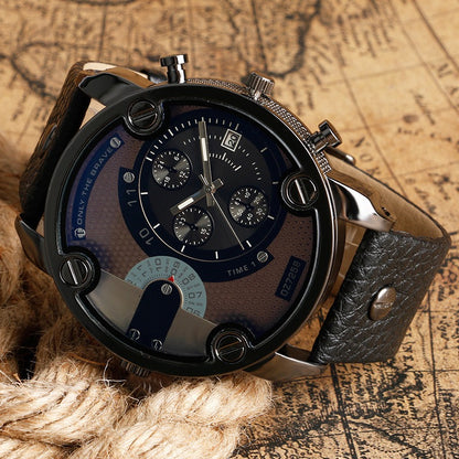 【#A9】「#39」Men's Retro Large Dial Chronograph Watch, Multi-Function Three-Eye Leather Strap Quartz Wristwatch, Casual Workwear Style Timepiece