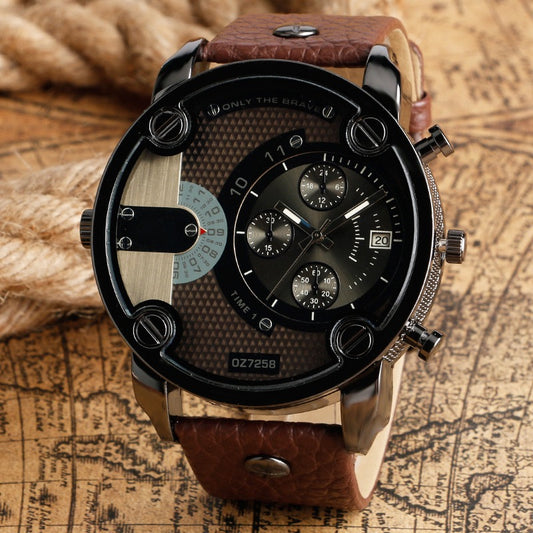 【#A9】「#39」Men's Retro Large Dial Chronograph Watch, Multi-Function Three-Eye Leather Strap Quartz Wristwatch, Casual Workwear Style Timepiece