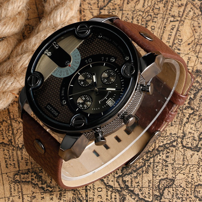 【#A9】「#39」Men's Retro Large Dial Chronograph Watch, Multi-Function Three-Eye Leather Strap Quartz Wristwatch, Casual Workwear Style Timepiece