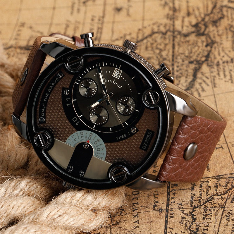 【#A9】「#39」Men's Retro Large Dial Chronograph Watch, Multi-Function Three-Eye Leather Strap Quartz Wristwatch, Casual Workwear Style Timepiece