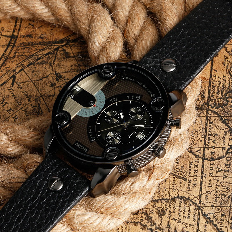 【#A9】「#39」Men's Retro Large Dial Chronograph Watch, Multi-Function Three-Eye Leather Strap Quartz Wristwatch, Casual Workwear Style Timepiece