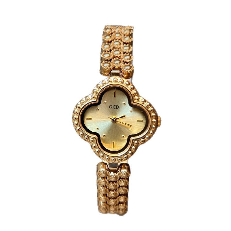 Women's Luxury Four-Leaf Clover Watch, Crystal-Embellished Metal Band Quartz Wristwatch, Elegant Versatile Timepiece