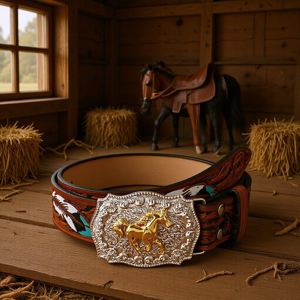 Western Style Carved Feather Belt, Vintage Embossed Running Horse Buckle Men's Waist Strap, American Cowboy Workwear Versatile Belt